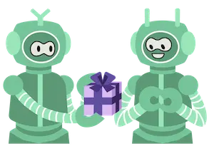 small robot giving a gift to another robot